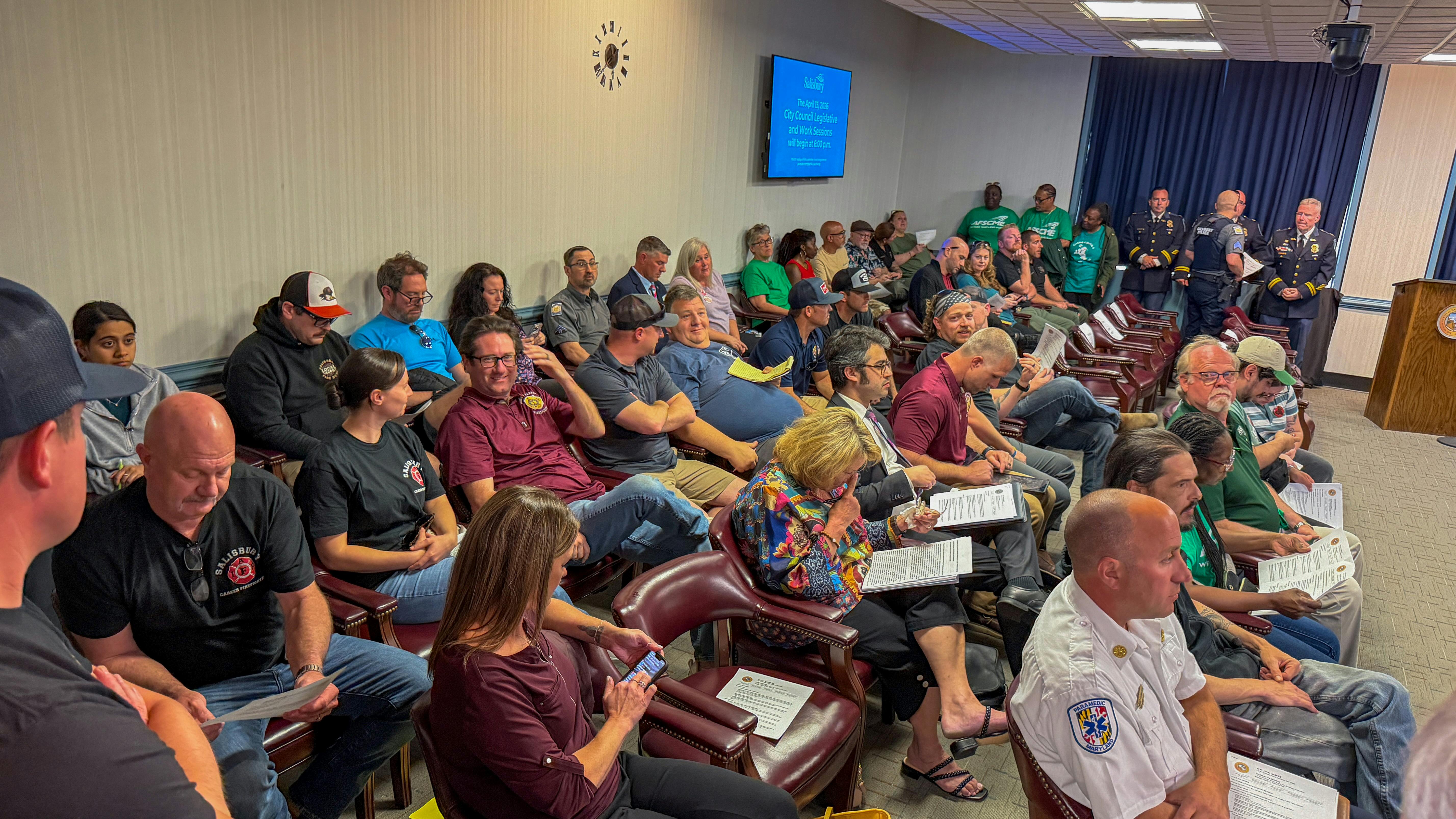 Salisbury police and firefighters filed the council chambers Monday as officials consider repealing collective bargaining rights for most city employees.