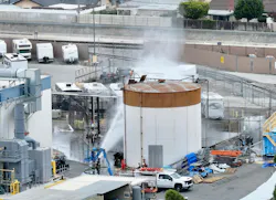 Water is sprayed on a 34,000-gallon tank that overheated at GKN Aerospace in Garden Grove, CA. Water is sprayed on a 34,000-gallon tank that overheated at GKN Aerospace in Garden Grove, CA.