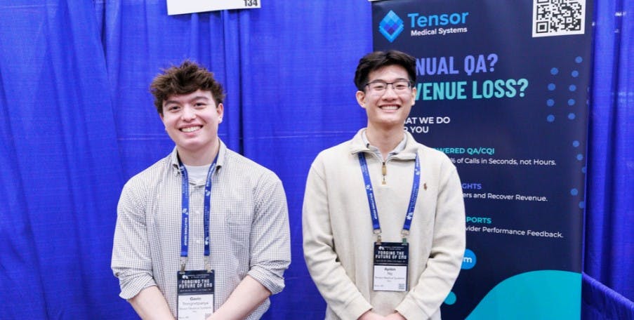 Co-founders Gavin Trongnetpanya (left) and Ayden Ng (right) at the Tensor Medical Systems booth during the American Ambulance Association Annual Conference & Trade Show in Las Vegas, April 2026.