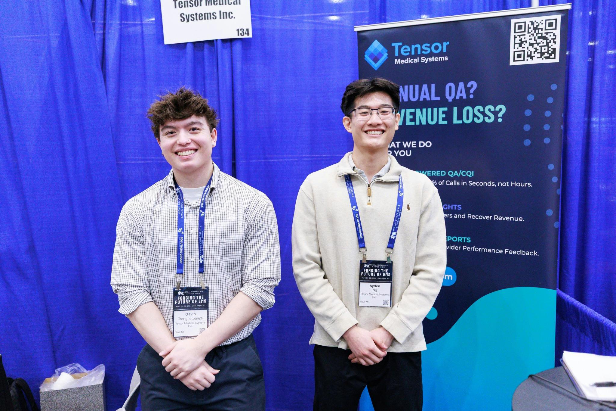 Co-founders Gavin Trongnetpanya (left) and Ayden Ng (right) at the Tensor Medical Systems booth during the American Ambulance Association Annual Conference & Trade Show in Las Vegas, April 2026.