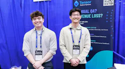 Co-founders Gavin Trongnetpanya (left) and Ayden Ng (right) at the Tensor Medical Systems booth during the American Ambulance Association Annual Conference & Trade Show in Las Vegas, April 2026.