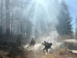 Firefighters mop up at a controlled burn set to remove flammable brush, Firefighters mop up at a controlled burn set to remove flammable brush,