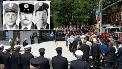 A ceremony commemorating the 25th anniversary of the 2001 Father’s Day fire was held in Queens June 27. FDNY firefighters (inset, from left) Harry Ford, Brian Fahey and John Downing, died in the fire. A ceremony commemorating the 25th anniversary of the 2001 Father’s Day fire was held in Queens June 27. FDNY firefighters (inset, from left) Harry Ford, Brian Fahey and John Downing, died in the fire.