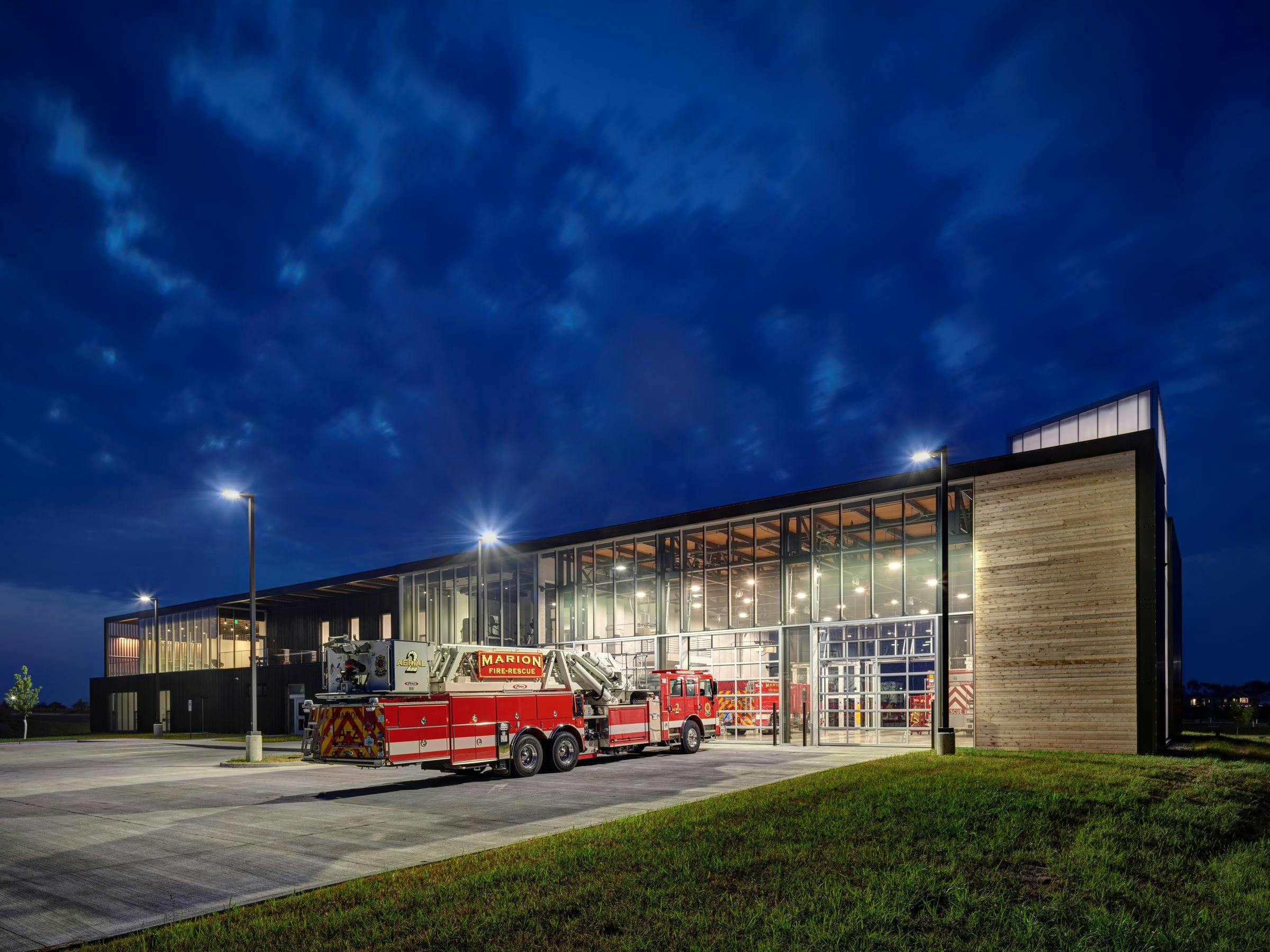 The Marion Fire Station No. 1 is the first fire station to receive the AIA COTE Top Ten Award, emphasizing its industry-leading sustainable design.