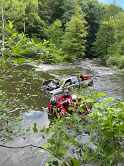 Chester firefighters removed the victim to shore using a V-pattern formation to help split the river's current while shielding and protecting the patient during the rescue. Chester firefighters removed the victim to shore using a V-pattern formation to help split the river's current while shielding and protecting the patient during the rescue.