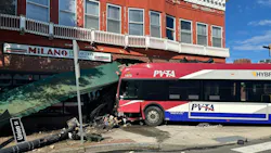 Three people, including the bus driver, were injured when the bus collided and crashed into a downtown Springfield building. Three people, including the bus driver, were injured when the bus collided and crashed into a downtown Springfield building.