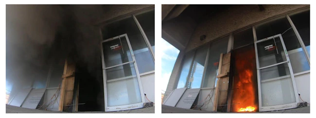 front door of a fire training house affected by bidirectional air flow and unidirectional air flow