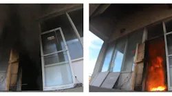front door of a fire training house affected by bidirectional air flow and unidirectional air flow