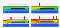 Figure 1. The effect of ventilation on a ventilation-limited fire without effective water application. The fire started in the front (left side) of a second-floor warehouse. The time between the first and last roof vent opening (indicated by red arrows) was two minutes.