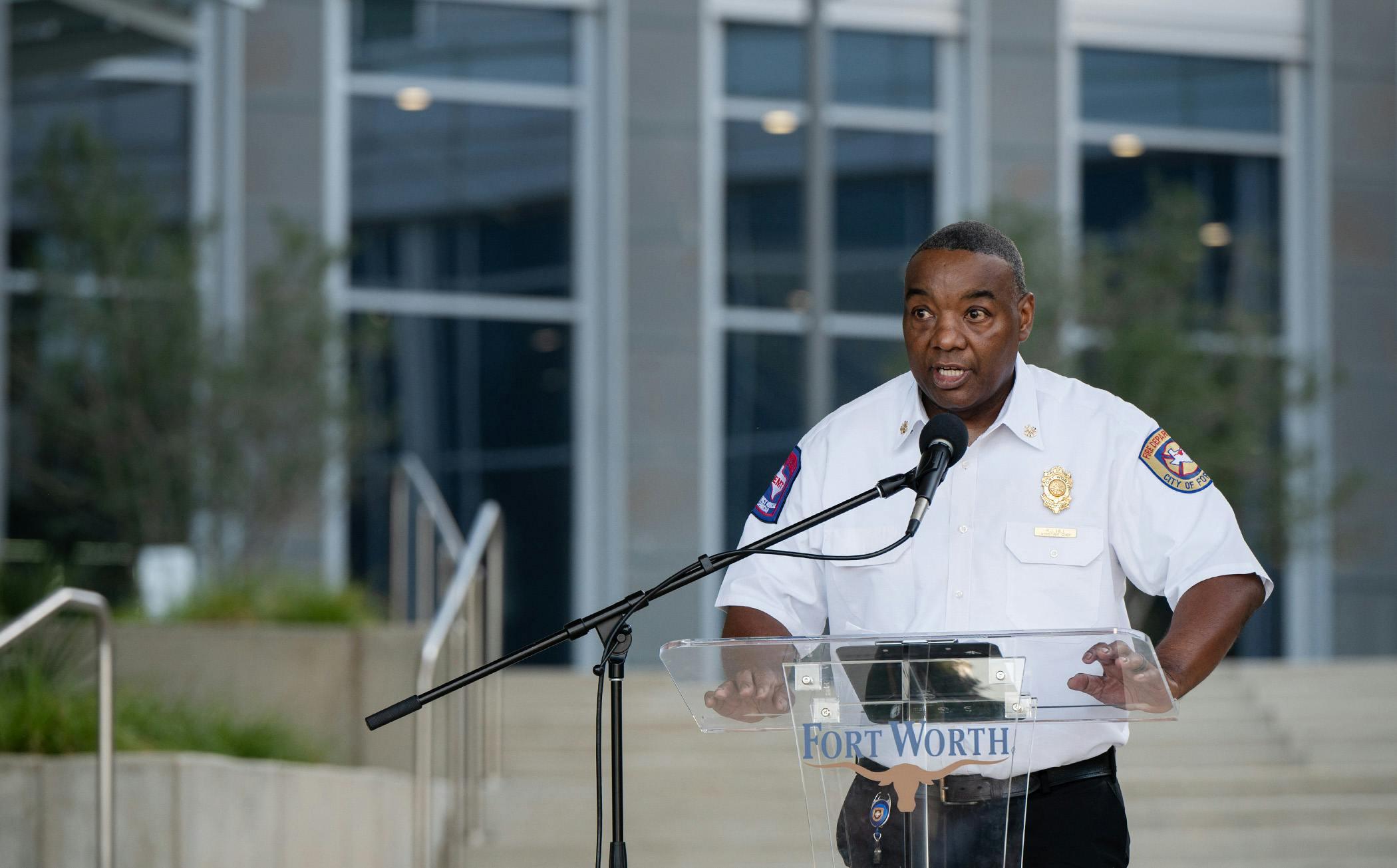 fire department chief speaking to the community and the media
