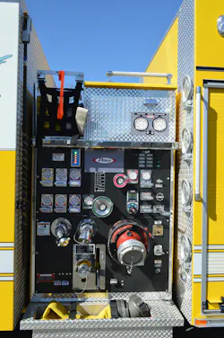 pump panel of a fire department pumper vehicle that was purchased 'off-the-shelf'