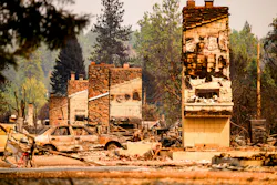 Chimneys remain where houses once stood in a residential community during the Old Trails fire in Spokane.