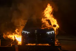 “Most of what’s burning is the cabin,” said Adam Barowy, principal research engineer with UL’s Fire Safety Research Institute. “So, you can make the fire small, fast, less than 200 gallons of water and less than 75 seconds. And it’s like a standard car fire. Now it’s just down to the battery.”