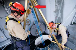 Petzl’s Twin Release Kit (top center, red arrow) is a preengineered raising and lowering system that’s designed particularly for confined space entry and rescue. It allows rescue technicians to seamlessly transition between 4:1 mechanical-advantage hauling and a controlled lowering without the need to change equipment or reconfigure the system. “When you’re going into a confined space, people twist their ropes up. This system pushes that out automatically and keeps the rope system clean and efficient,” Justin Spain, who is program manager for technical rescue for Albuquerque Fire Rescue, states.