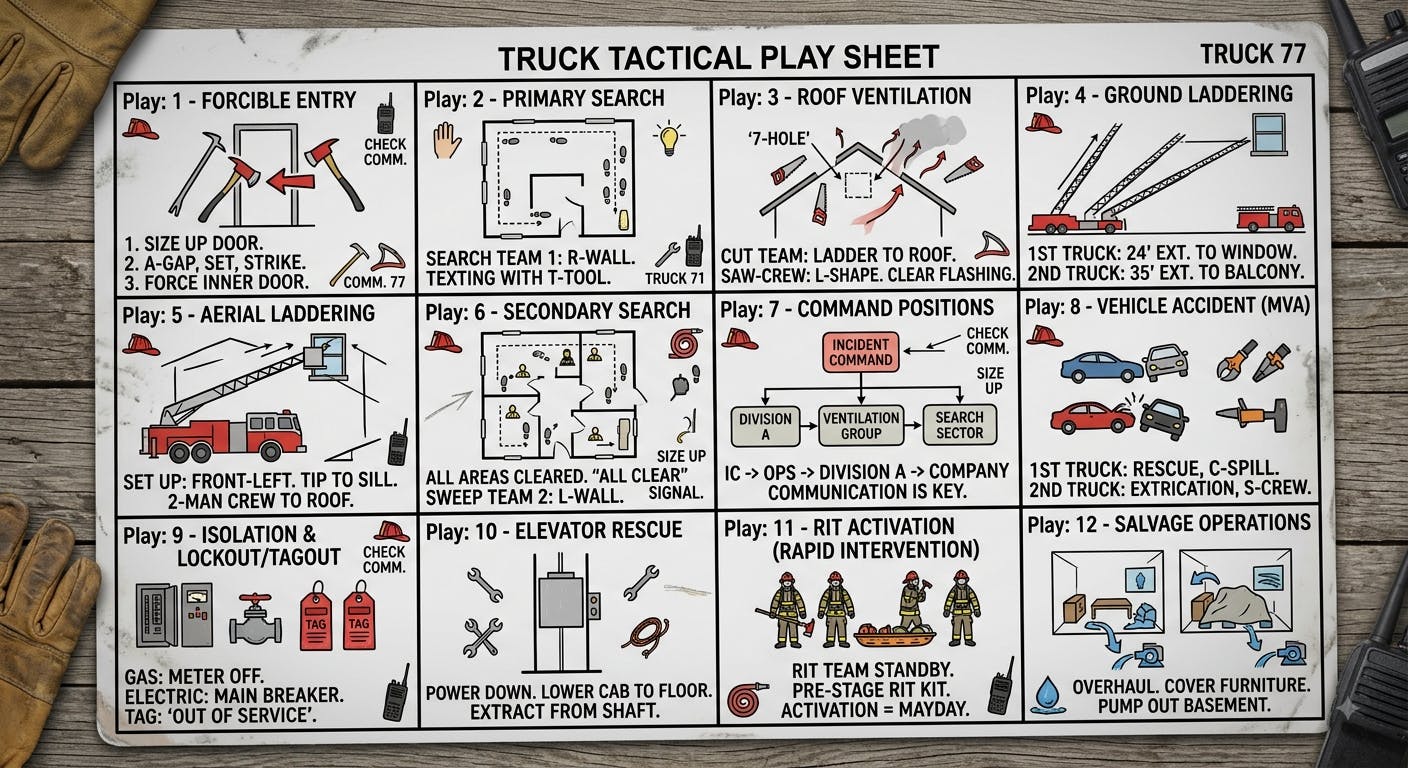 The author developed a truck company playbook that was based on his company&rsquo;s response area and its study of search tactics, ventilation, truck spotting, aerial use, laddering and forcible entry.