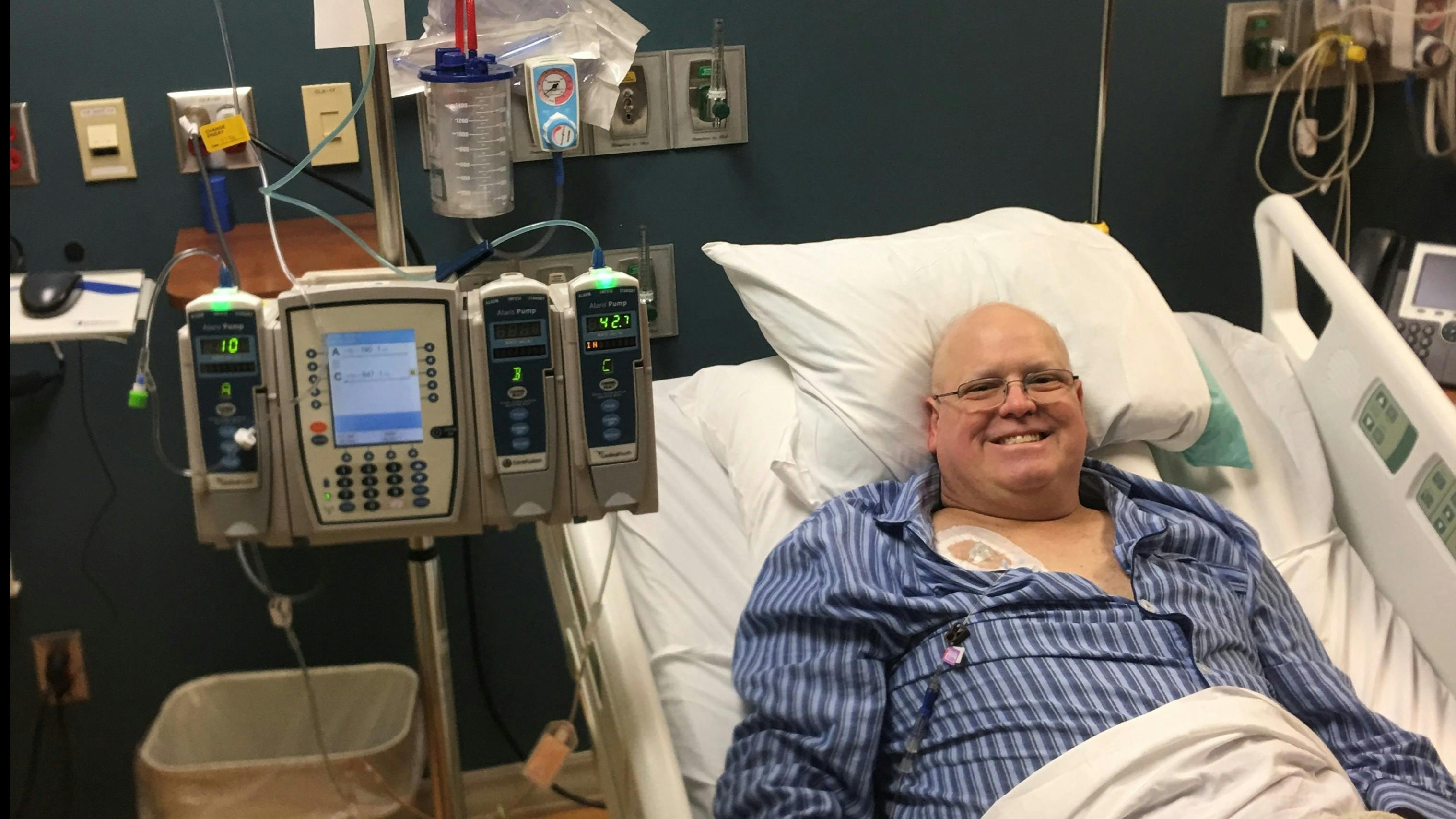 firefighter who contracted non-Hodgkin's lymphoma receiving chemotherapy