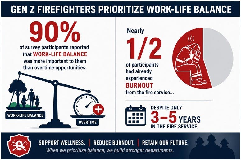 Ninety percent of the EFO captone research survey participants reported that work-life balance was more important to them than overtime opportunities. Nearly half of the firefighter-participants had already experienced burnout from the fire service, despite only having three to five years in the fire service.