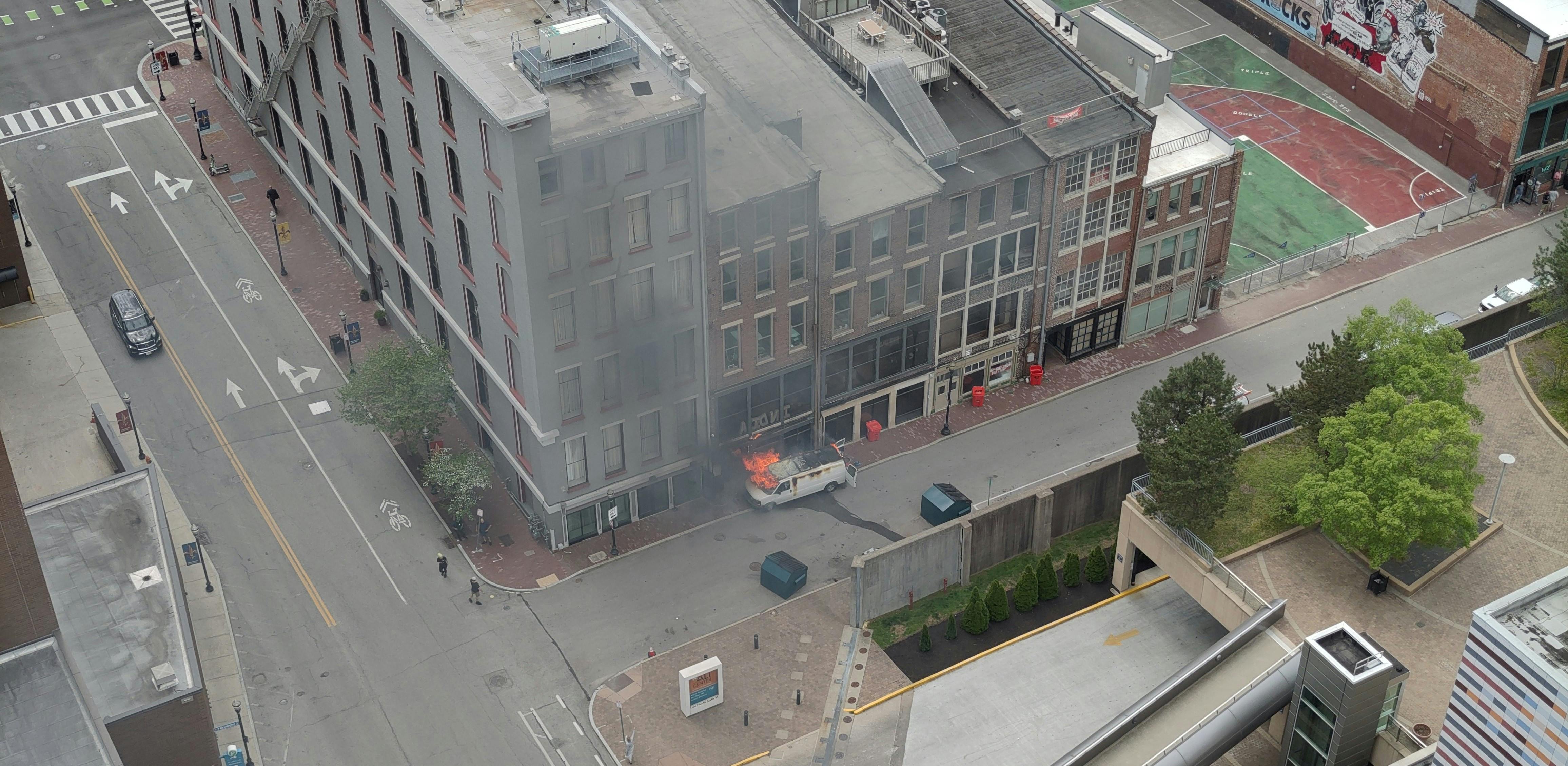 scene of a vehicle fire as viewed from above from a drone