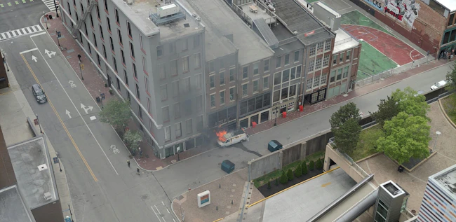 scene of a vehicle fire as viewed from above from a drone