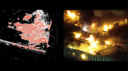 drone view of commercial building fire including thermal imaging