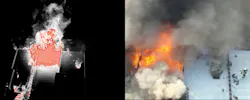 drone view of commercial building fire including thermal imaging