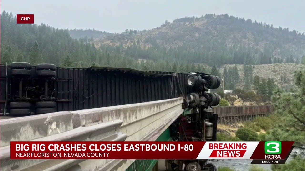Big rig dangles off bridge on I-80 near the California-Nevada line