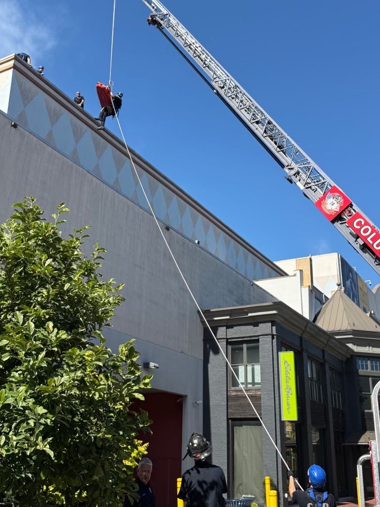 firefighters rescuing ill person off of a rooftop via a rope