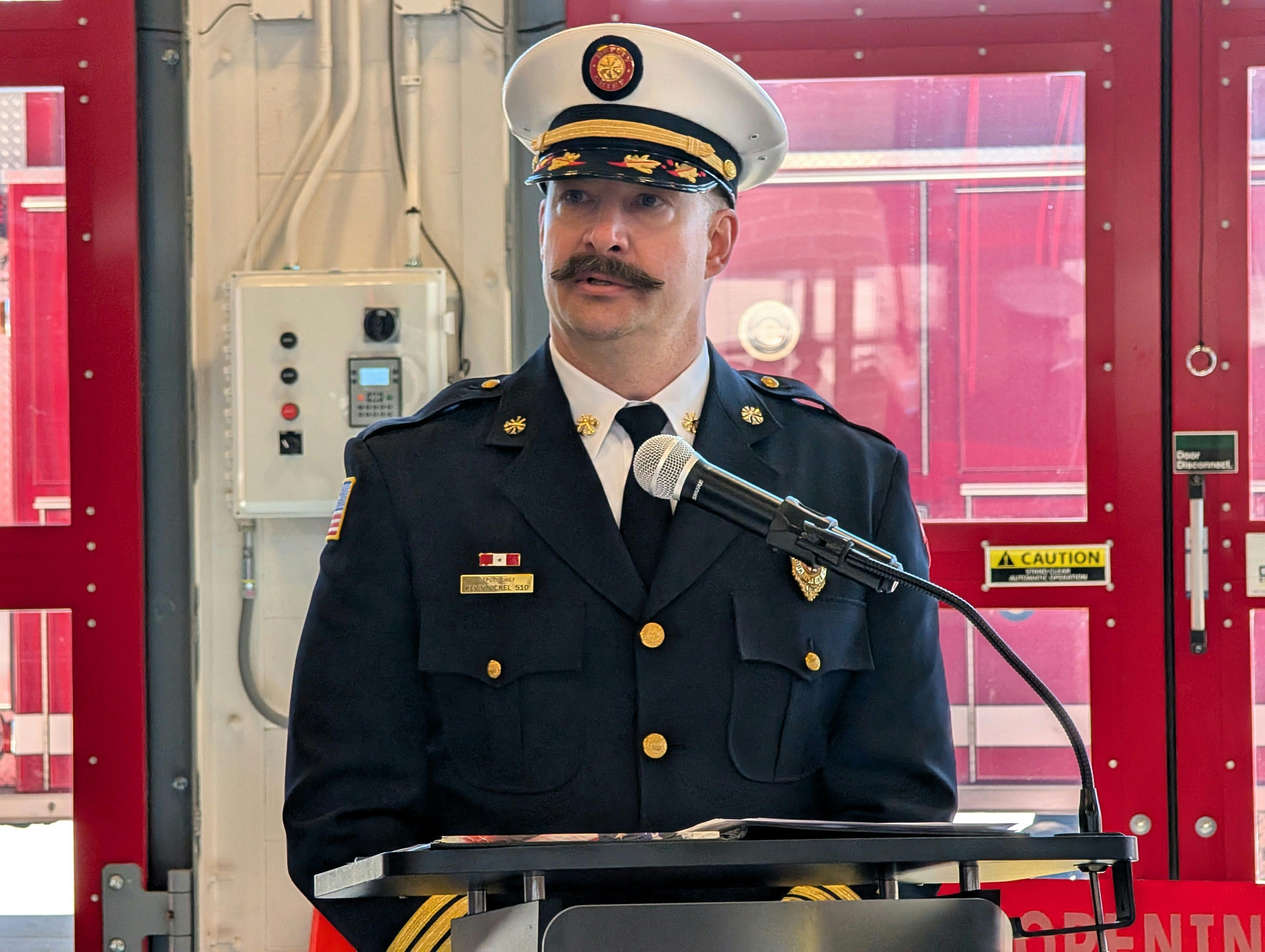Interim Aurora Fire Chief Kevin Nickel spoke at a recent station ceremony.