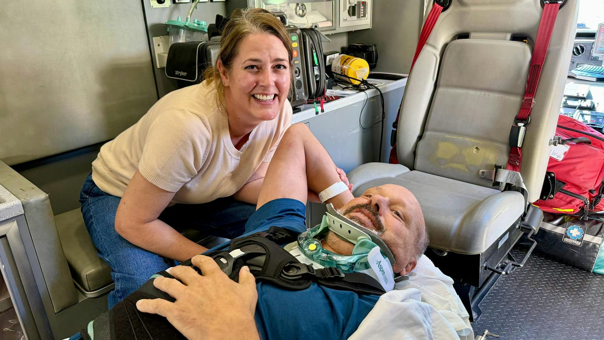 West Metro Fire Rescue Firefighter/Paramedic Jarrod Leonard and his wife, Monica, were escorted to a Denver-area neurological rehabilitation facility by West Metro Medic 16 and Truck 14.