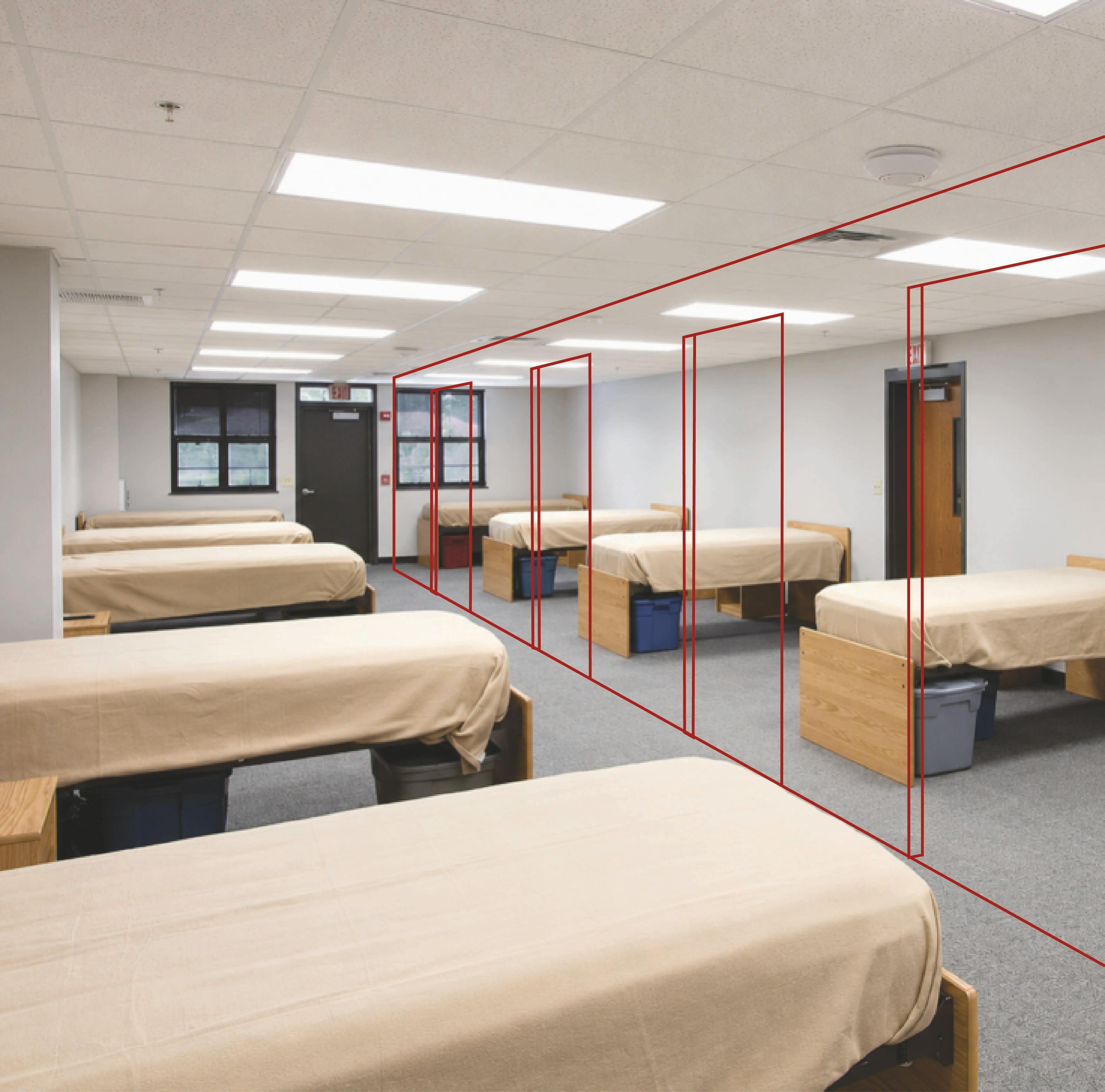 volunteer fire department bunkroom with concept of reconfiguration to provide individual sleep rooms