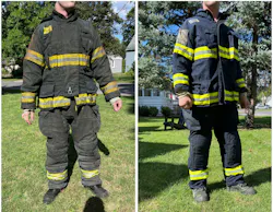 structural firefighting coat side-by-side with technical rescue coat for comparison