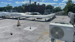 A variety of condensing units and rooftop units accommodate heating and cooling for the habitable spaces below. Insulated exterior ductwork provide HVAC where needed in this retrofit without significantly disrupting the interior spaces.