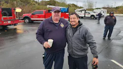 John Nieves (right), with a friend a friend during his 2025 deployment to the Palisades Fire near Los Angeles.