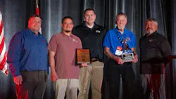 Firehouse Editor-in-Chief Peter Matthews (left to right); 2026 Emergency Vehicle Technician of the Year John Nieves of Round Rock, TX; Ransom Hall, director of inside sales for Spartan Emergency Group, Mike Meyer, recipient of the William F. Foster Award for Excellence and Jeff Seal, director of sales for Spartan Chassis.