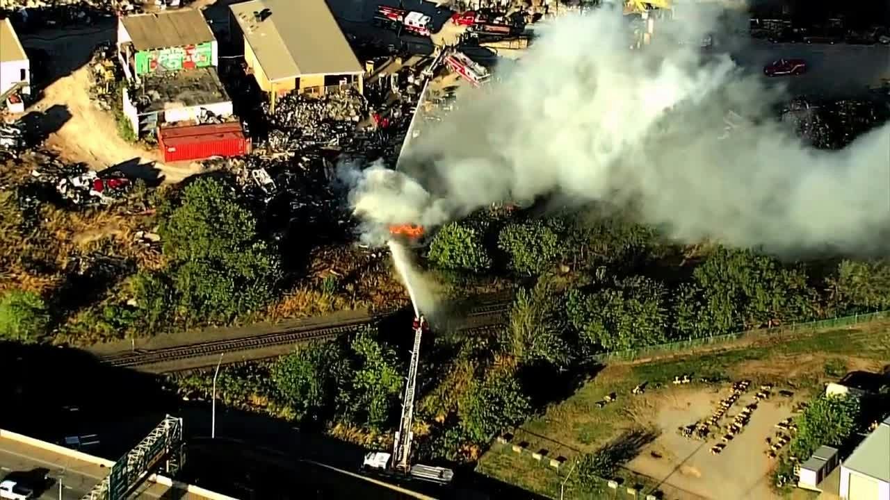 Oklahoma City Firefighters Tackling Blaze at Recycling Plant