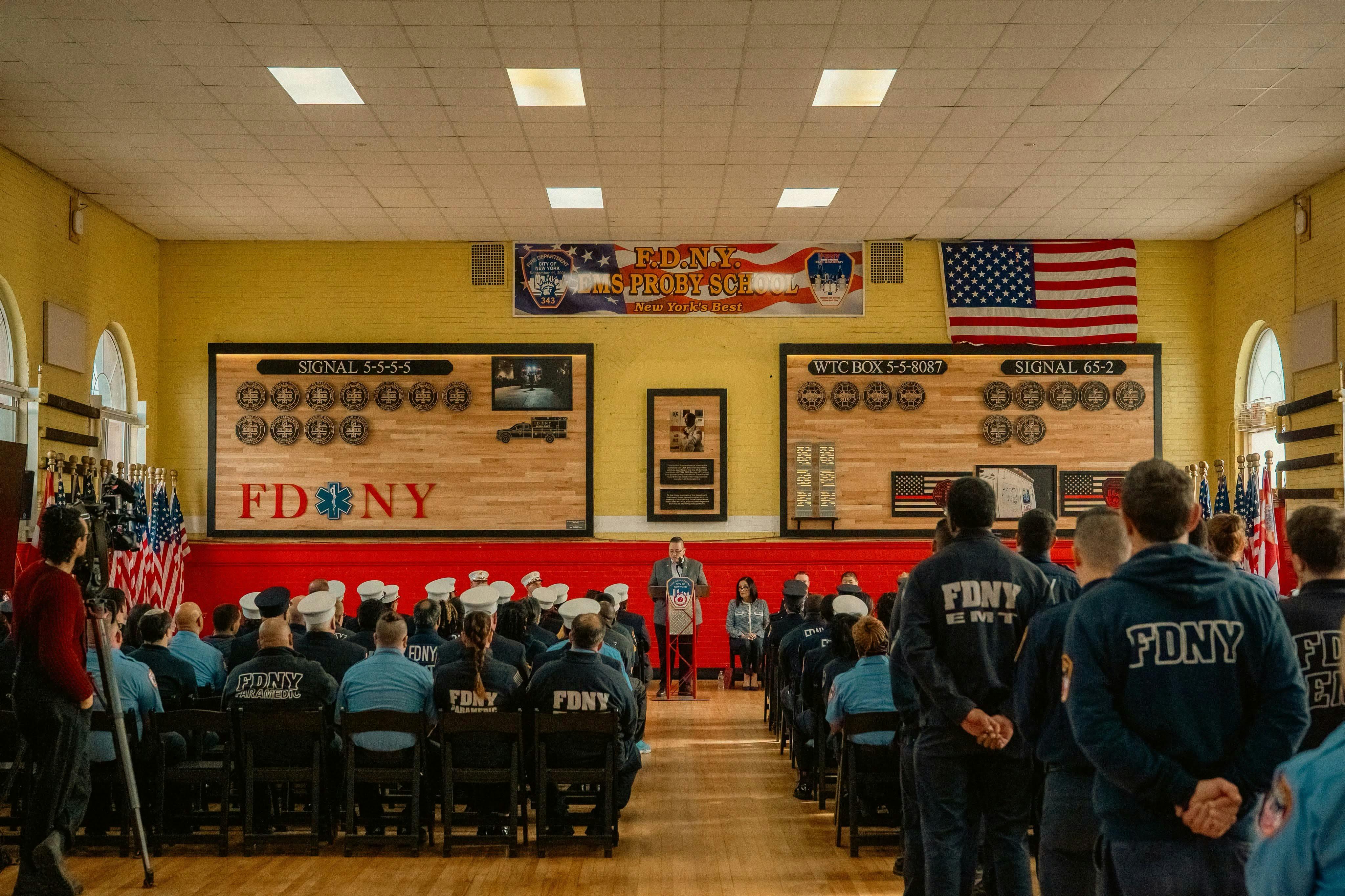 A memorial wall dedicated to fallen FDNY EMS members at the EMS Training Center in Queens.