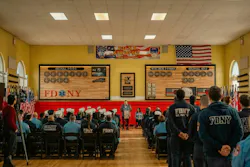 A memorial wall dedicated to fallen FDNY EMS members at the EMS Training Center in Queens.