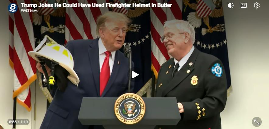 National Volunteer Fire Council Chairman Steve Hirsch presented President Trump with a helmet during a Rose Garden luncheon Thursday.