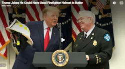 National Volunteer Fire Council Chairman Steve Hirsch presented President Trump with a helmet during a Rose Garden luncheon Thursday.