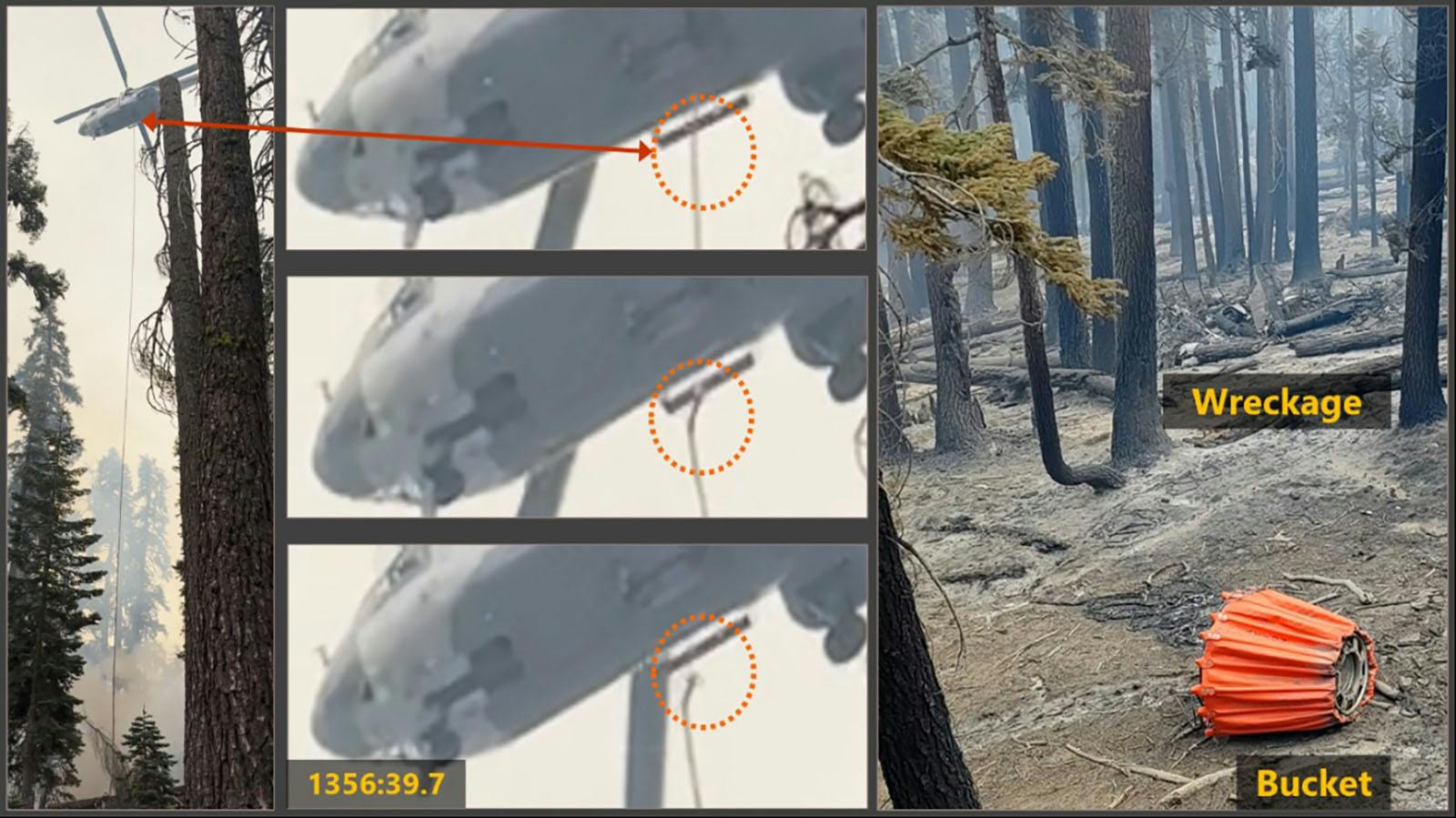 Images from before the Sept. 20 crash show a cable connected to a large bucket being disconnected from the aircraft. The crash during the Dome fire killed pilots Greg King and Ryan Cutter.